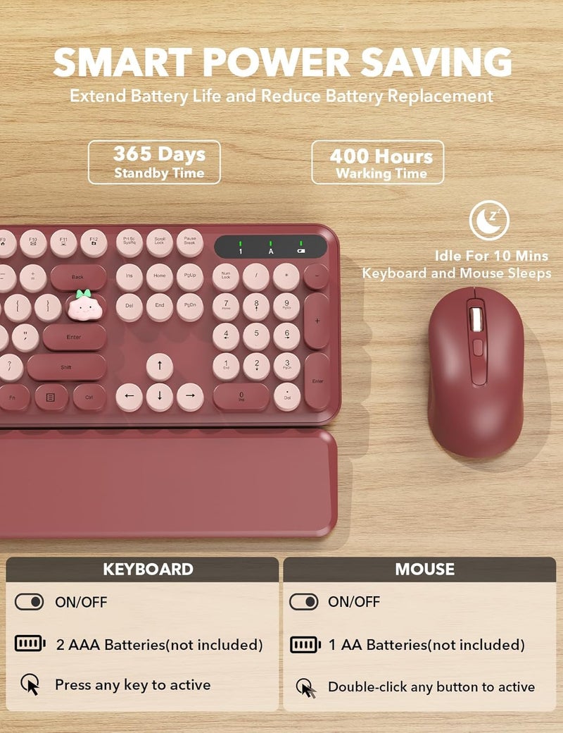 Trueque Wireless Keyboard and Mouse Combo - Cute Typewriter Keyboard with Detachable Wrist Rest, Retro Round Keycaps, Foldable Legs, 2.4GHz Full-Size Keyboard for PC, Laptop, Windows - (Wine Red) - Image 5